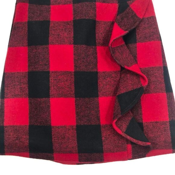 J. Crew Factory Red Black Buffalo Plaid Check Ruffle Side Mini Skirt - Picture 6 of 11